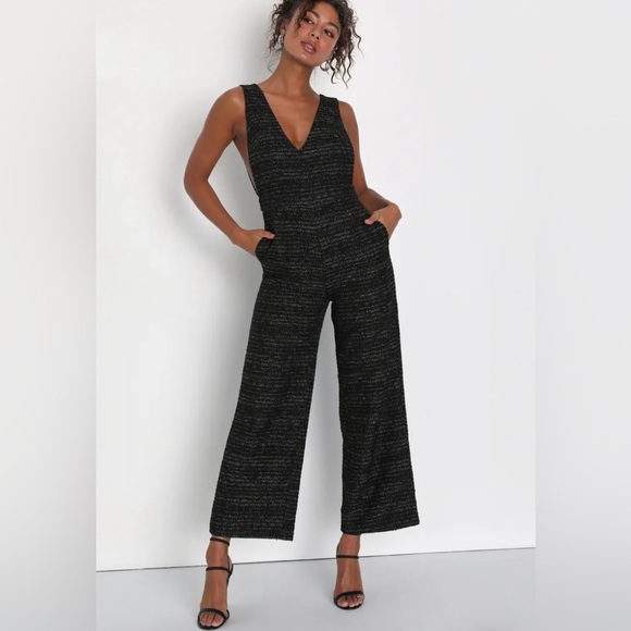 NWT Lulus Officially Exceptional Black Tweed Lurex Wide-Leg Jumpsuit S - Picture 1 of 9